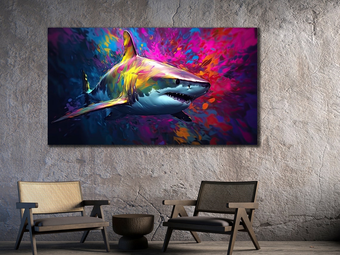 Colorful Neon Shark Abstract Ocean Painting Bold Animal Wall Poster - Image 2