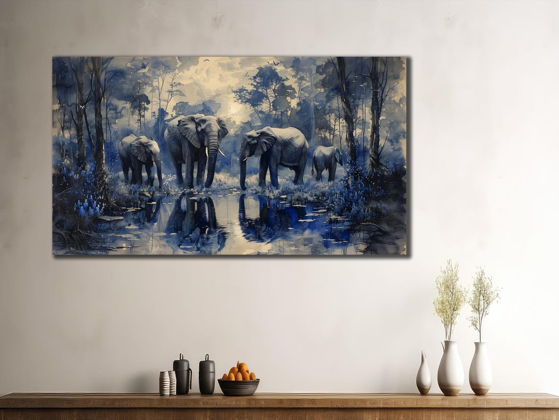 Elephant Herd Blue Forest Waterhole Misty Reflection Wildlife Poster - Image 3