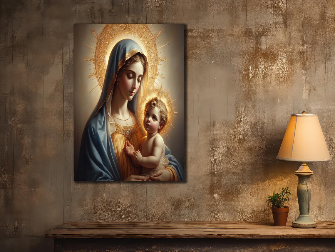 Virgin Mary Holding Baby Jesus Golden Halo Classic Religious Wall Art Poster - Image 3