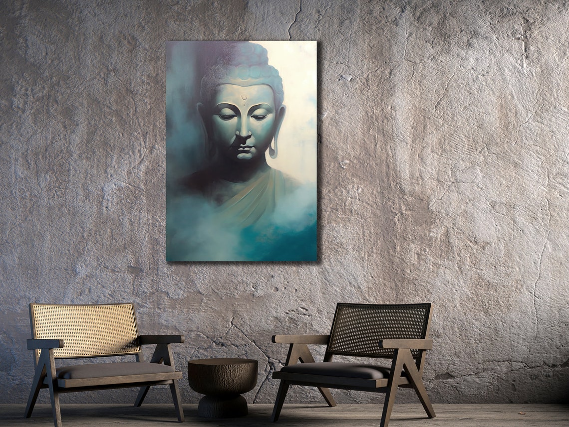 Serene Blue Buddha Face Misty Zen Meditation Spiritual Wall Art Print - Image 3