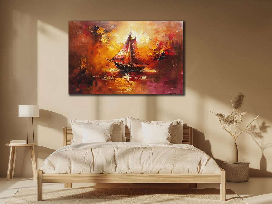 Fiery Red Sail Sunset Over Dark Ocean Abstract Ship Sailing Art Poster - Image 3