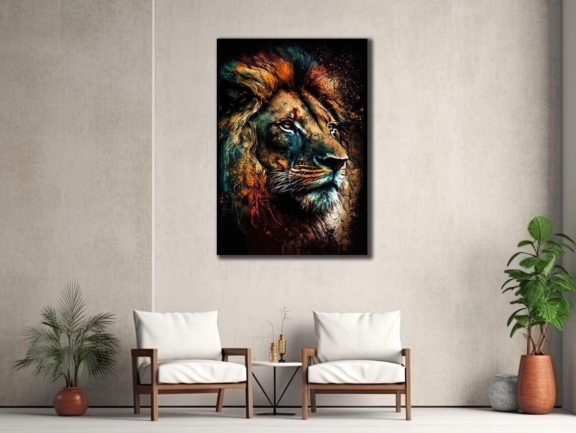 Colorful Lion King Portrait Graffiti Splash Dark Wall Art Print