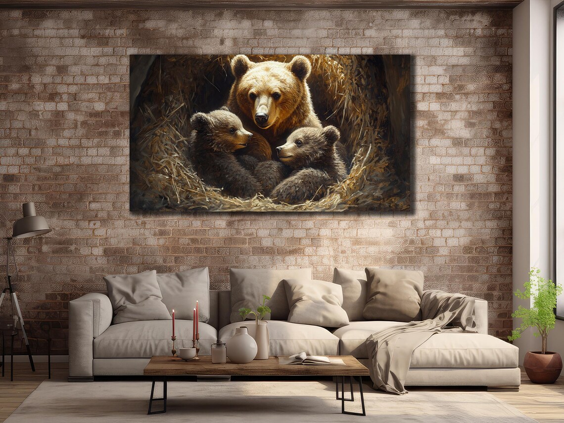 Mother Bear With Two Cubs Cozy Den Wildlife Brown Bear Family Wall Art Poster - Image 3