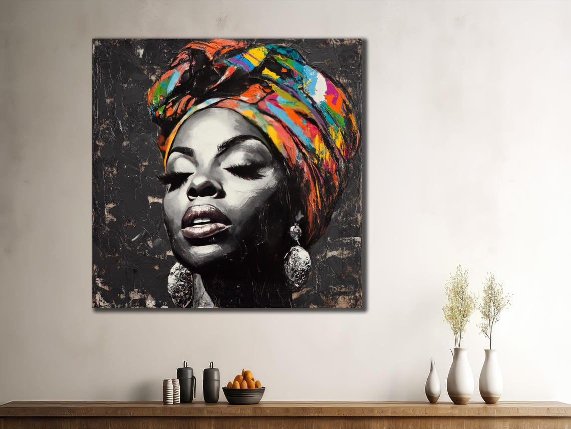 African Woman Scarf Print Ethnic Painting Wall Decor House Gift Idea Bedroom Wall Decor Black Girl Wall Art African Woman Poster - Image 3