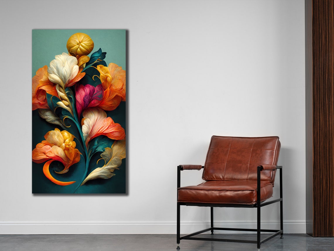 Vibrant Vertical Floral Arrangement Teal Background Art Poster - Image 2