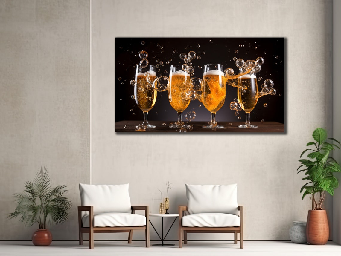 Four Beer Glasses Splashing Bubbles Black Background Kitchen Poster - Image 3