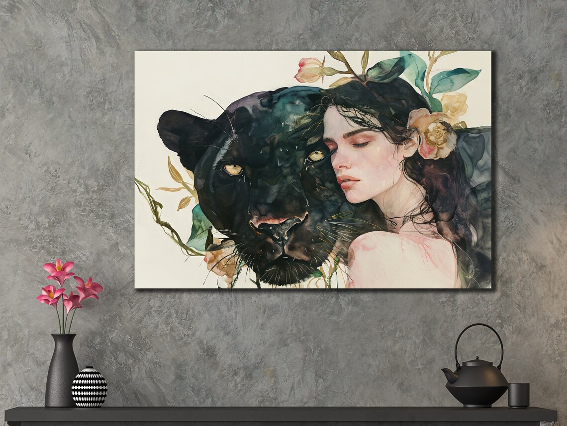 Watercolor Woman and Black Panther Floral Portrait Elegant Wall Art Poster