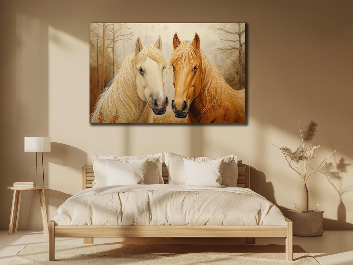 White and Chestnut Horse Couple Portrait Tender Equine Artwork Print - Image 3