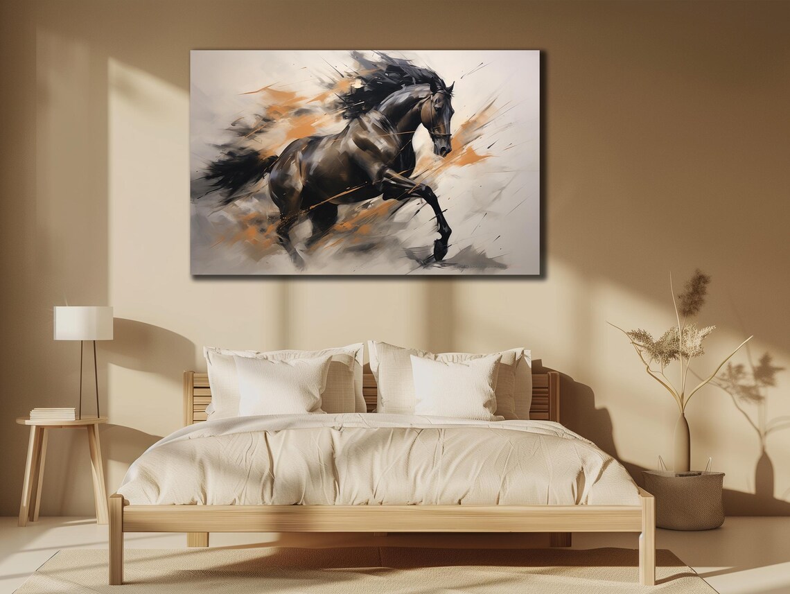 Dark Bay Galloping Horse Orange Abstract Streaks Equestrian Art Print - Image 3