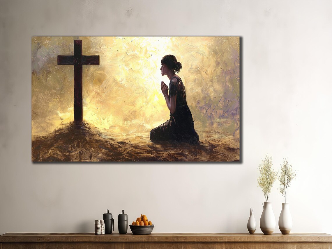 Christian Woman Praying Before Cross Golden Heavenly Light Faith Poster - Image 3