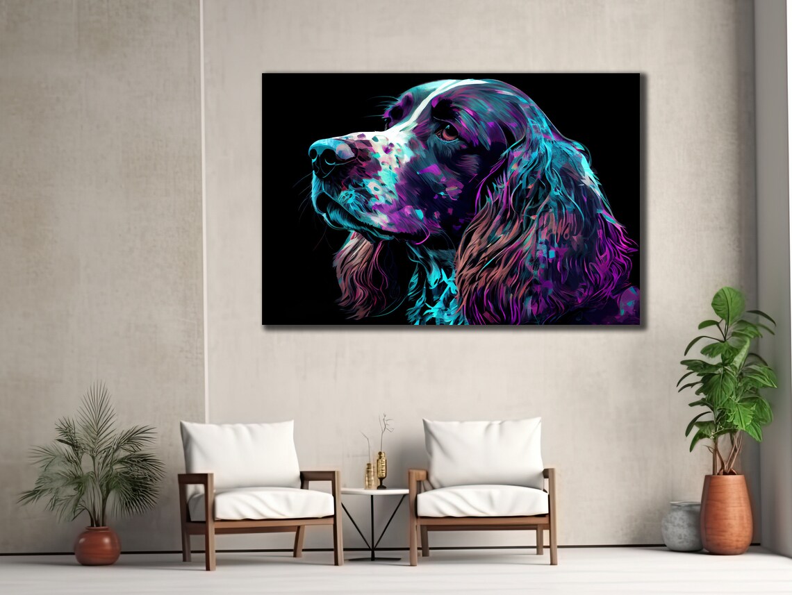 Neon Spaniel Dog Portrait Purple Blue Pop Art Pet Wall Art Print - Image 2