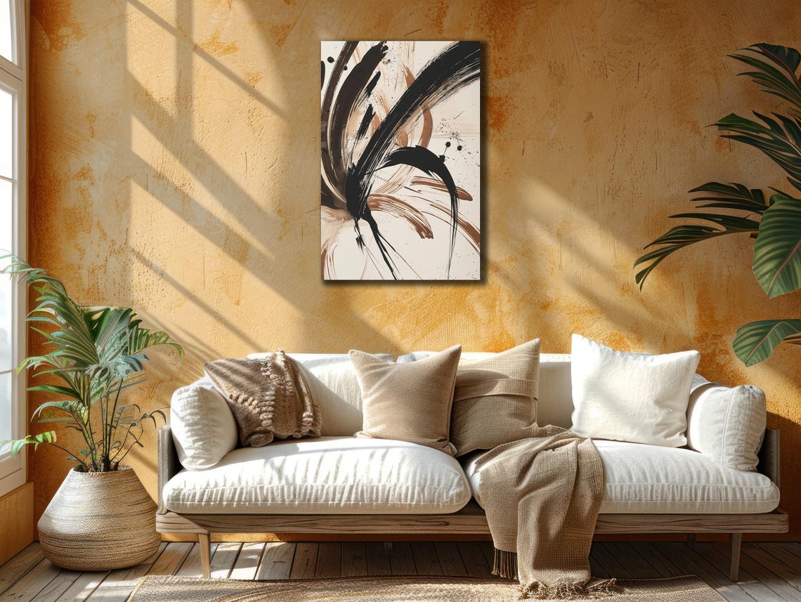 Minimalist Beige Black Abstract Brushstroke Line Art Modern Poster - Image 2