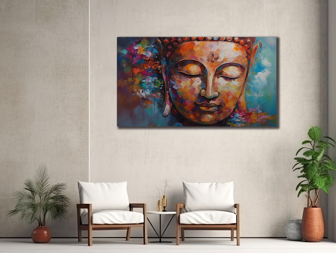 Buddha Face Colorful Abstract Oil Painting Serene Spiritual Poster - Image 2