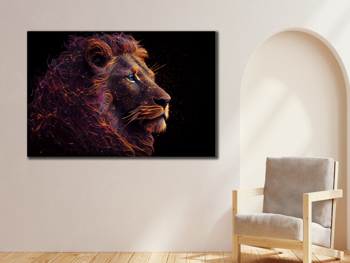Fiery Lion Profile Orange Particle Swirls Black Background Art Poster - Image 3