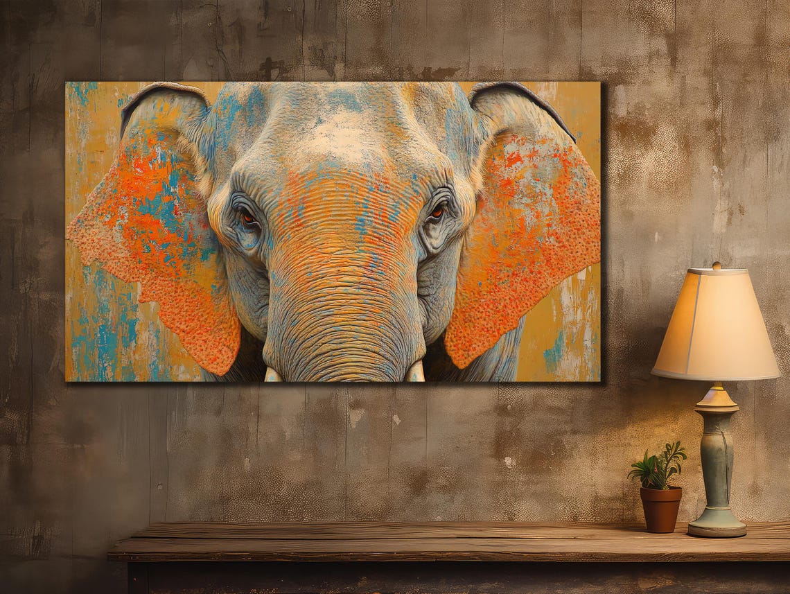 Elephant Face Orange Turquoise Paint Strokes Wildlife Art Poster - Image 3