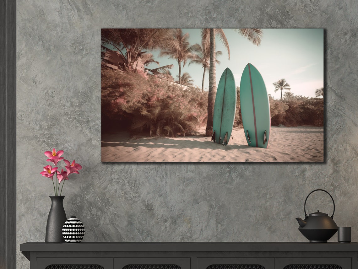 Surfboards on Tropical Beach Palm Trees Summer Coastal Wall Art Poster - Image 3