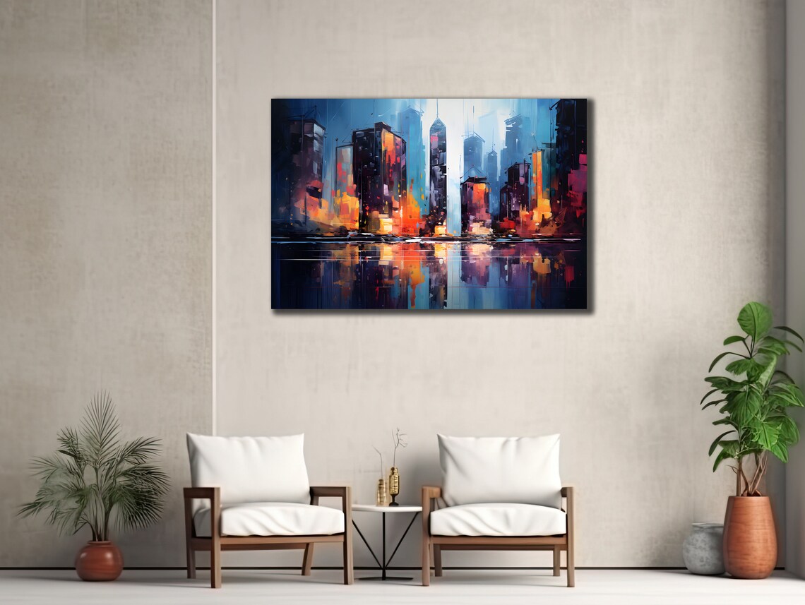 Abstract City Skyline Night Lights Colorful Urban Wall Art Print