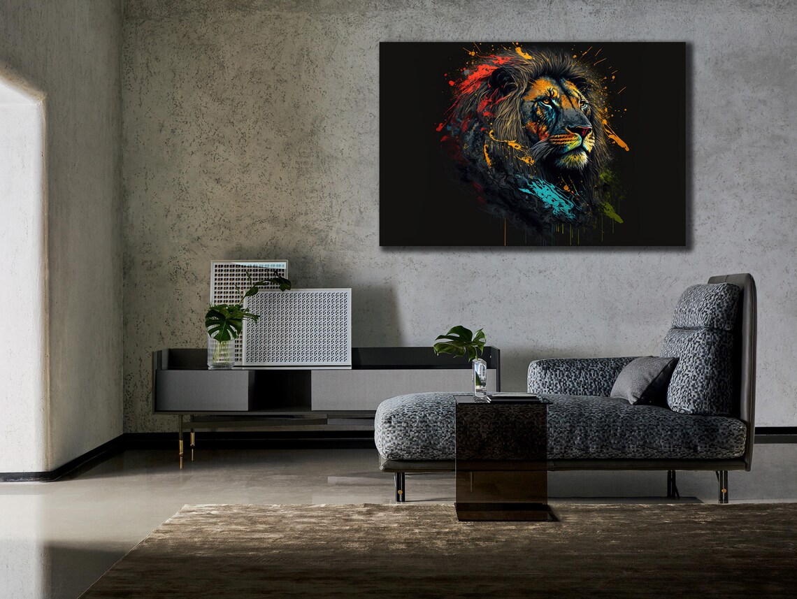 Colorful Lion Head Splash Art Black Background Wild King Animal Wall Poster - Image 2