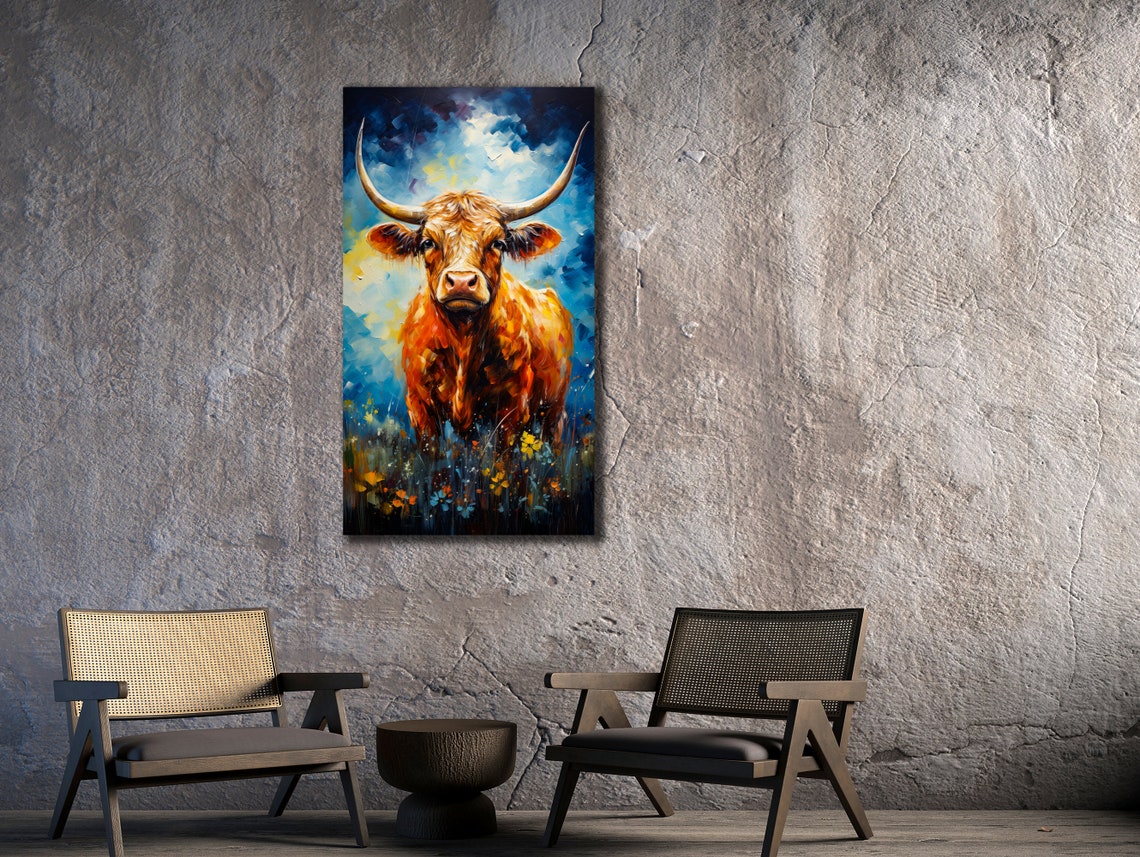 Highland Cow Portrait Blue Yellow Meadow Rustic Cattle Art Poster - Image 2