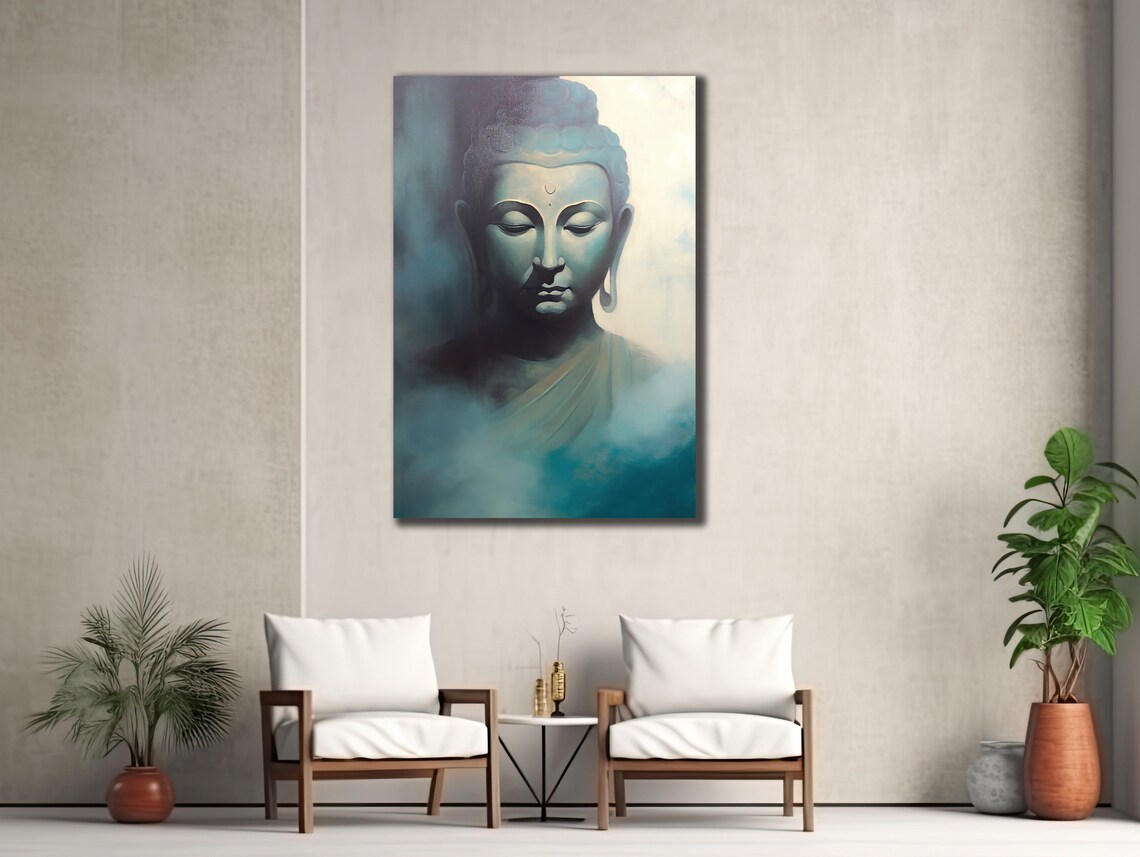 Serene Blue Buddha Face Misty Zen Meditation Spiritual Wall Art Print