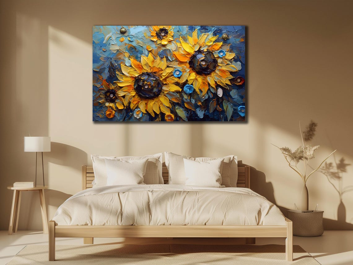Sunflowers Palette Knife Impasto Yellow Blooms on Blue Artwork Poster