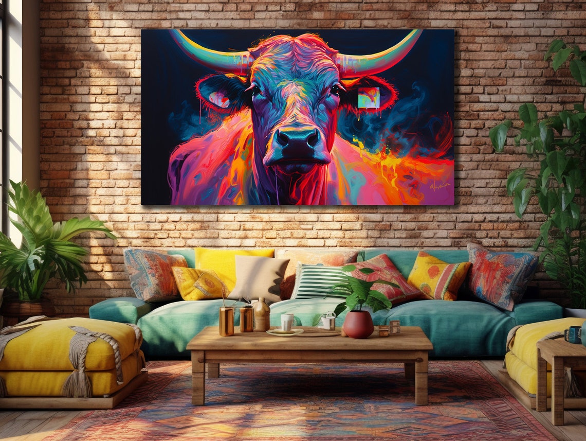 Colorful Neon Cow Longhorn Portrait On Black Bold Animal Art Poster - Image 3