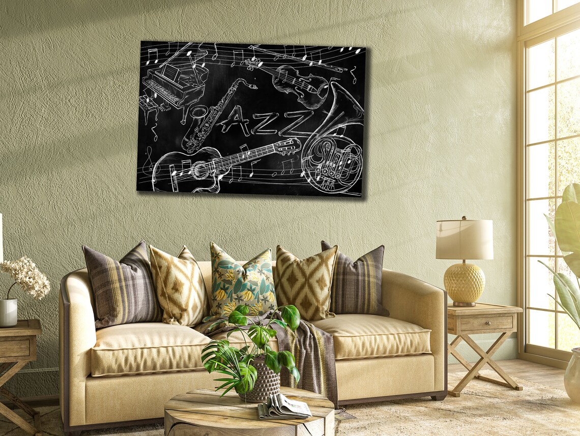 Jazz Instruments Chalkboard Sketch Black White Vintage Music Wall Print - Image 2