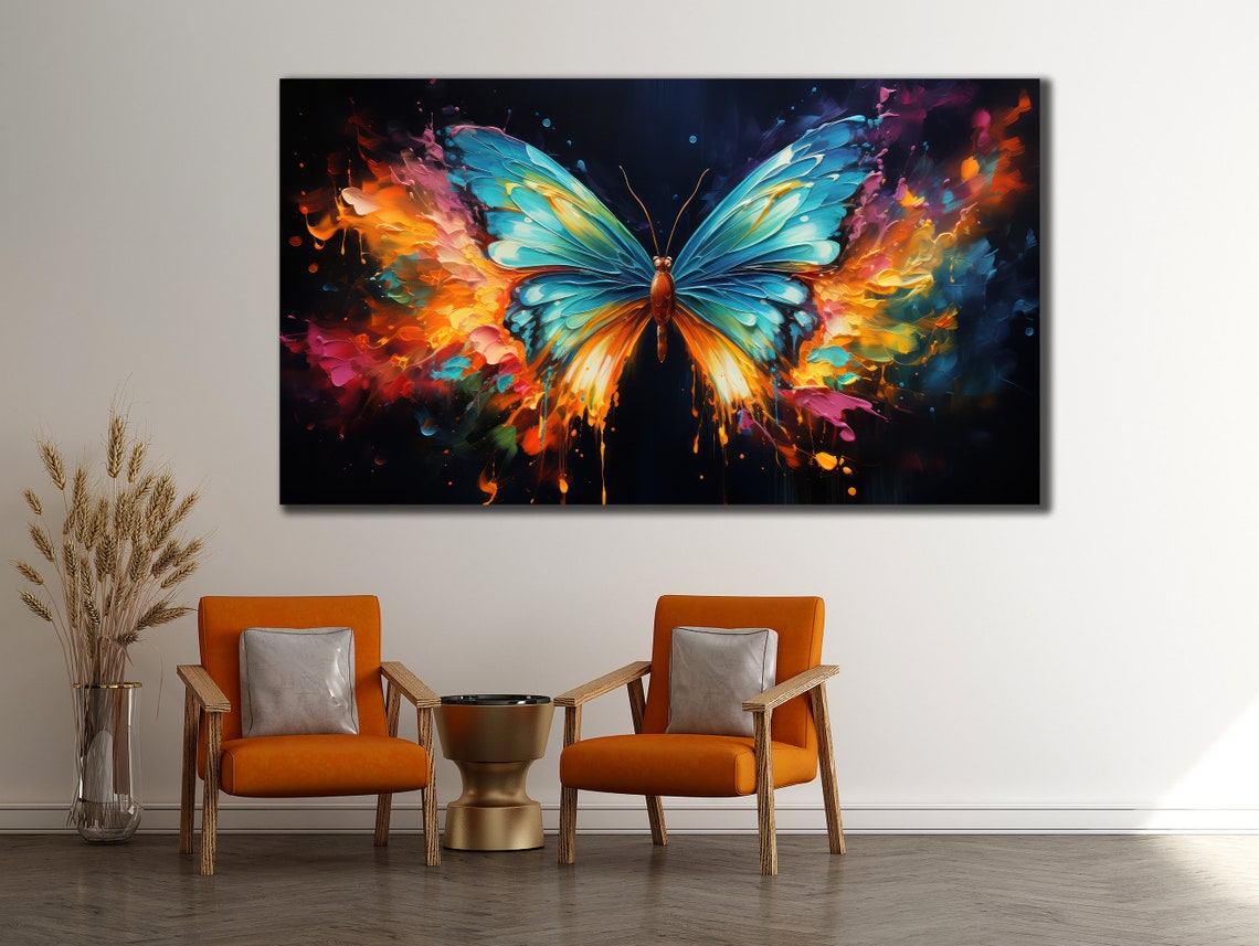 Blue Orange Butterfly Paint Splash Black Background Wall Art Print - Image 2