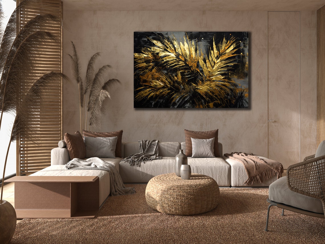 Golden Palm Leaves Black Background Textured Botanical Wall Art Poster