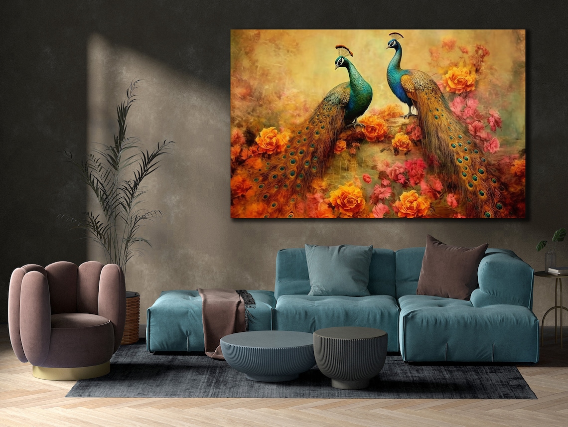 Two Peacocks Among Orange Roses Vintage Floral Garden Bird Poster