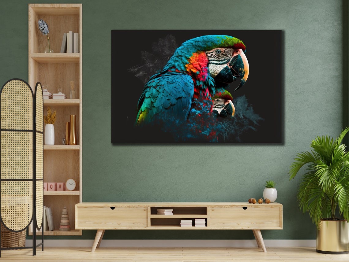 Vivid Blue and Red Macaw Parrots Pair on Black Background Art Poster - Image 2