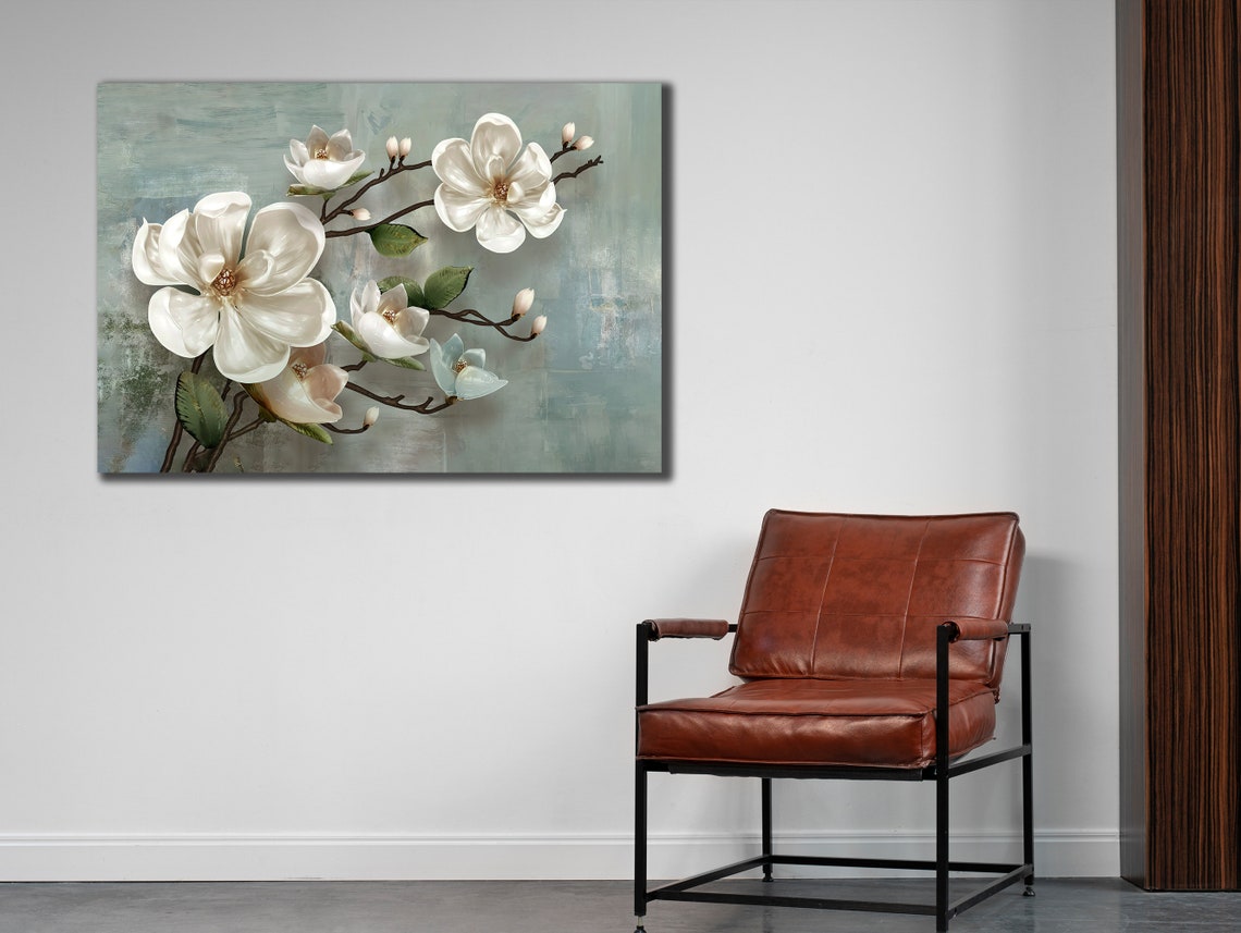 White Magnolia Blossoms Soft Sage Elegant Floral Wall Art Print - Image 2