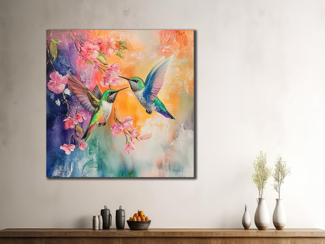 Pair of Hummingbirds With Pink Cherry Blossoms Pastel Dream Art Poster