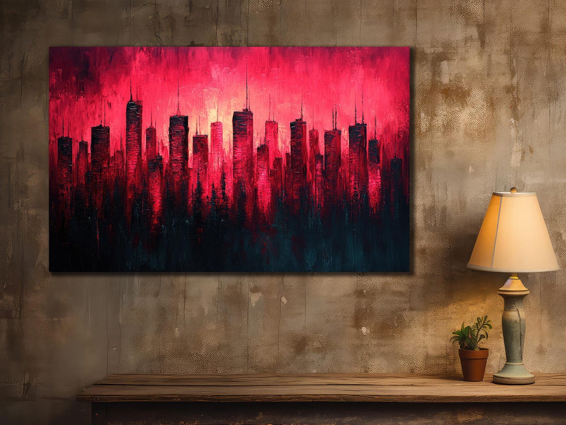 Crimson Red Abstract City Skyline Sunset Silhouette Urban Art Poster - Image 2