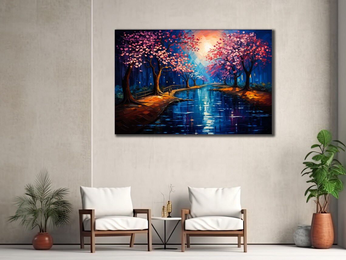 Cherry Blossom Moonlit River Night Pink Trees Landscape Art Print