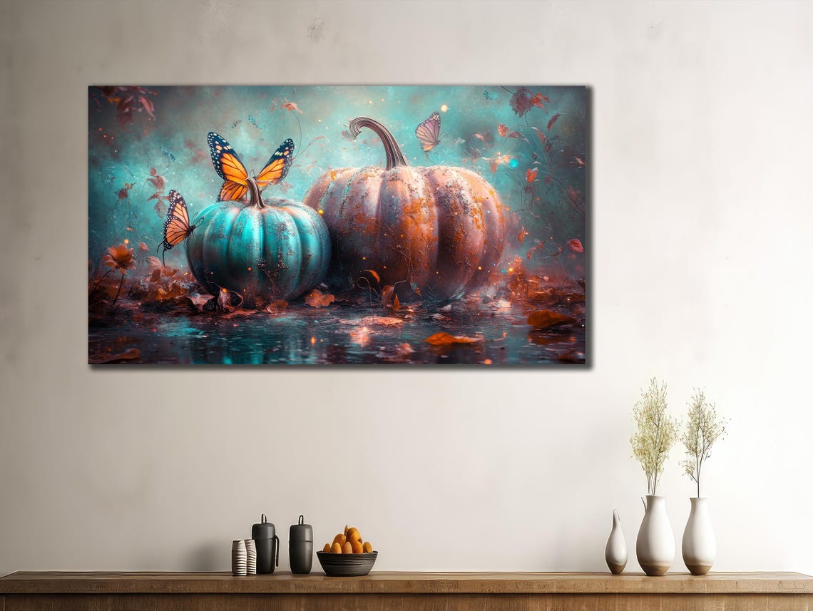 Teal And Rustic Pumpkins Monarch Butterflies Fall Autumn Art Poster - Image 3