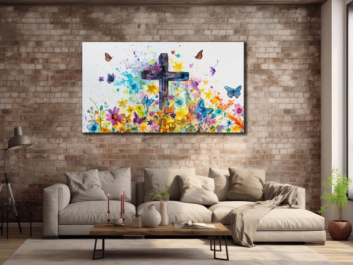 Crucifix Cross Watercolor Flowers Butterflies Easter Faith Art Poster - Image 2
