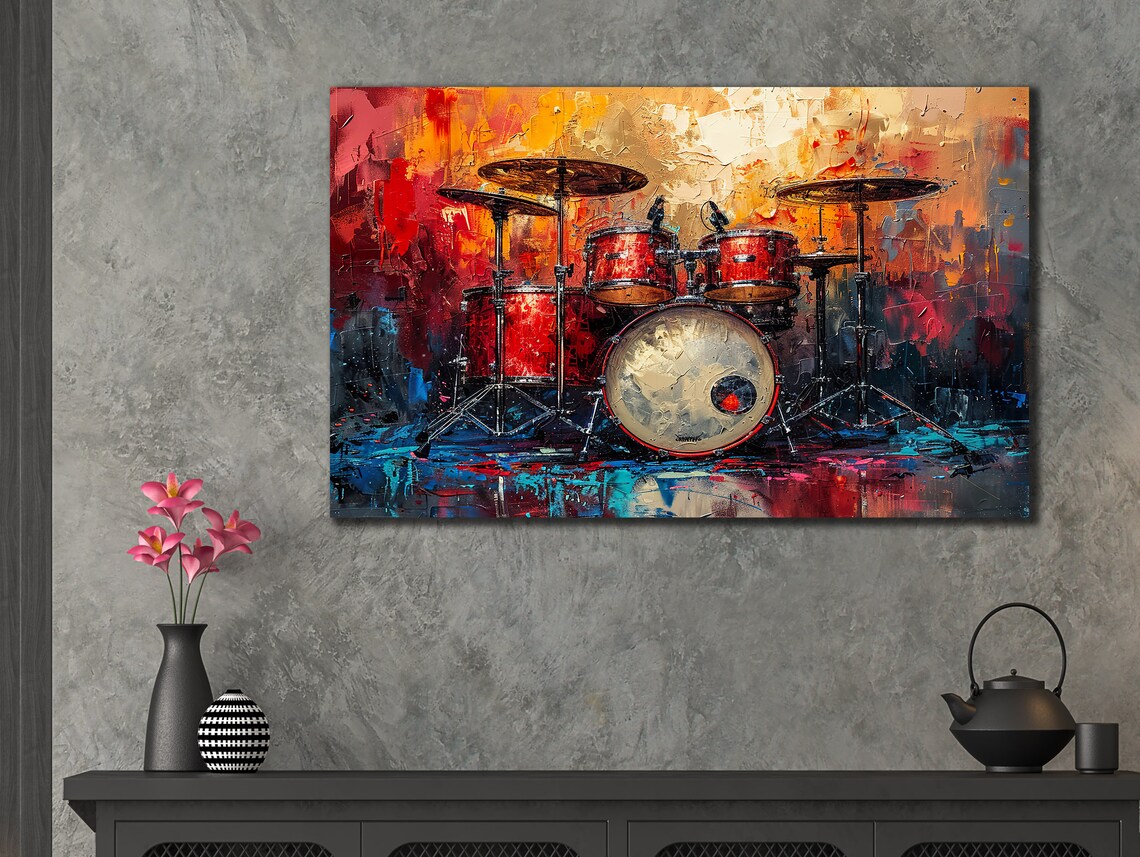 Red Drum Kit Vibrant Music Painting Drummer Decor Studio Wall Art Poster - Image 3