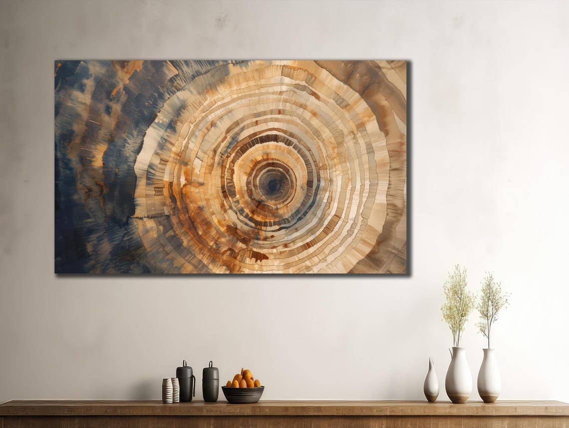 Abstract Tree Rings Cross Section Navy Blue and Amber Wood Poster - Image 2