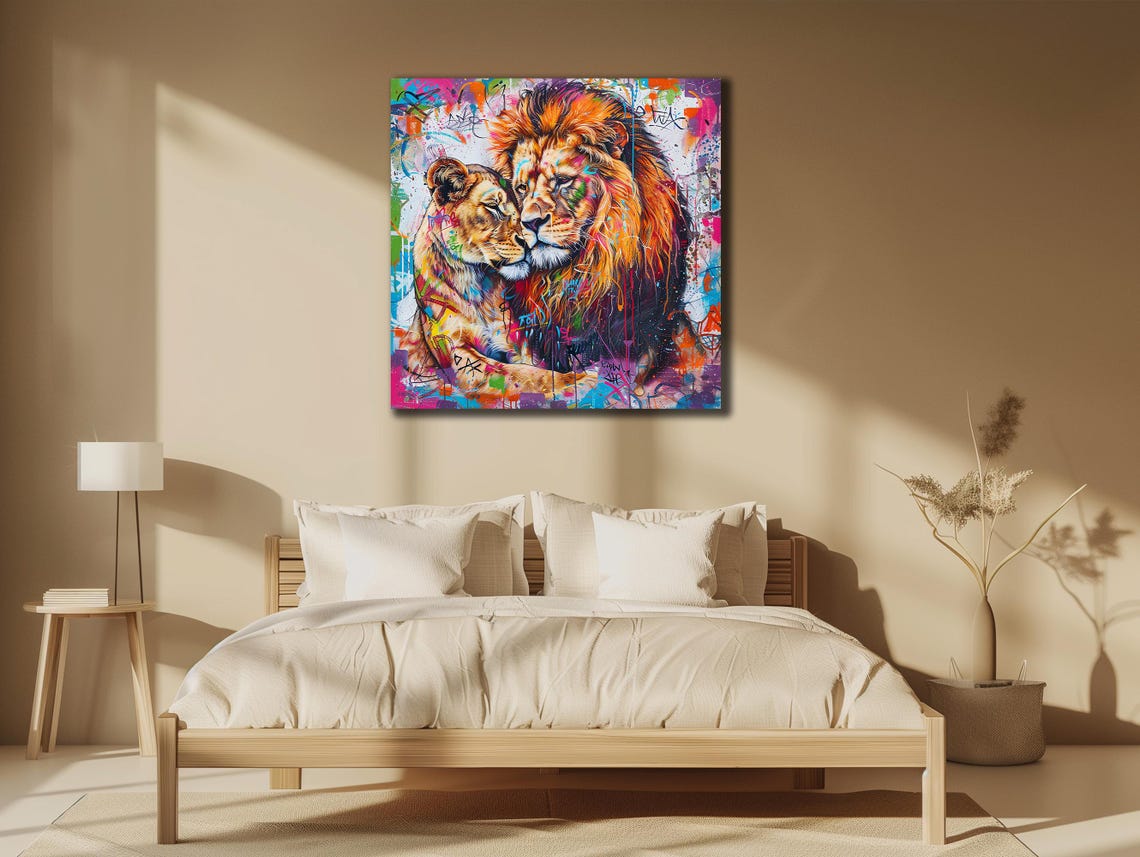 Lion And Lioness Print Graffiti Lion Family Painting Art Farmhouse Wall Decor Animals Wall Art Couple Lion Poster Colorful Lion