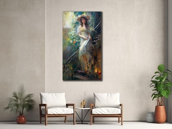 Straw Hat Woman Reading in Sunlit Garden Impressionist Wall Art Poster