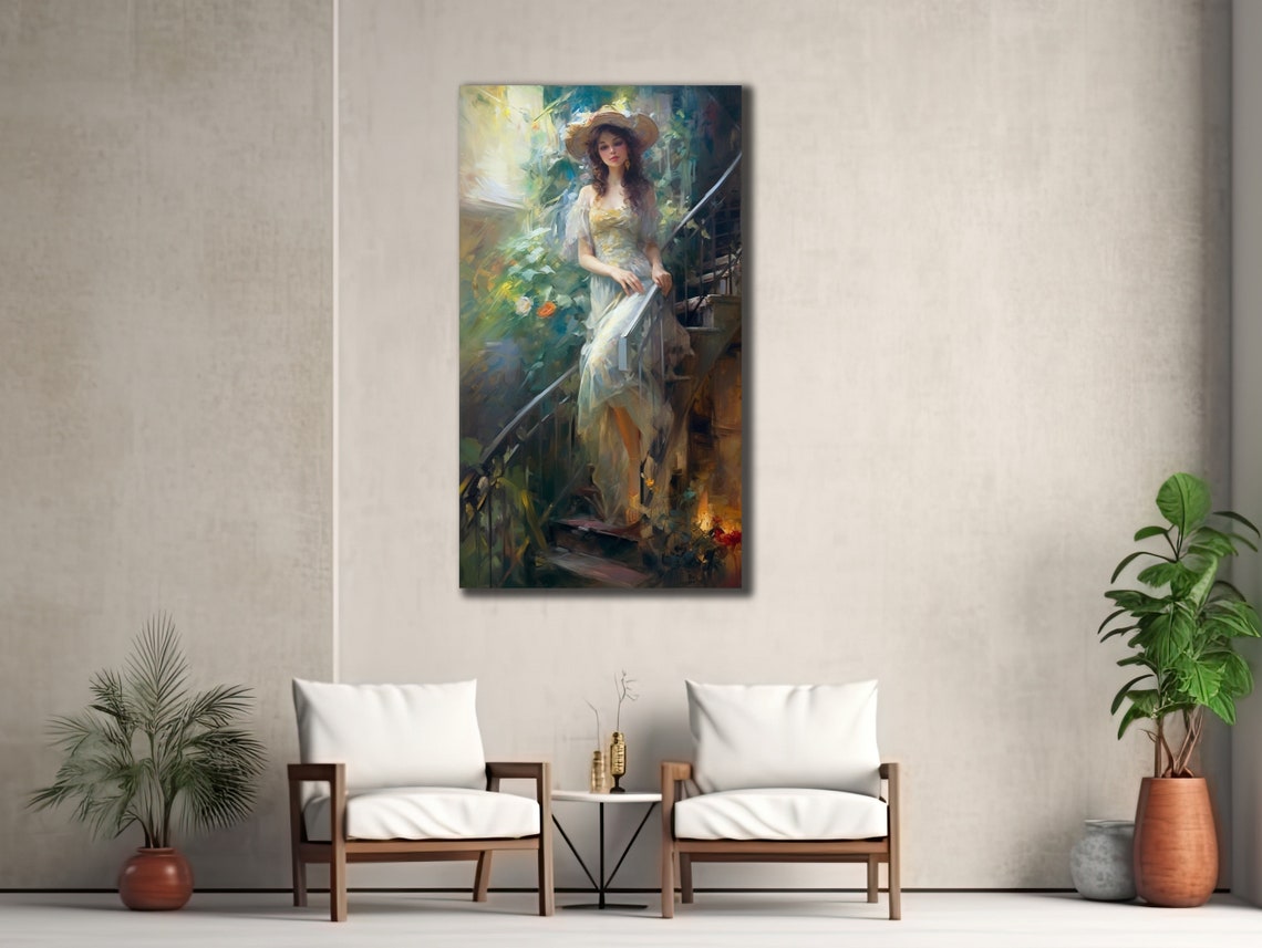 Straw Hat Woman Reading in Sunlit Garden Impressionist Wall Art Poster