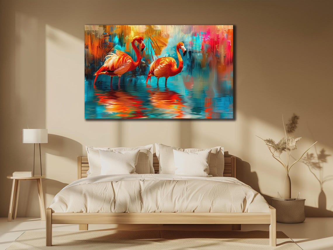 Two Flamingos Colorful Lagoon Orange Pink Reflections Art Print - Image 3