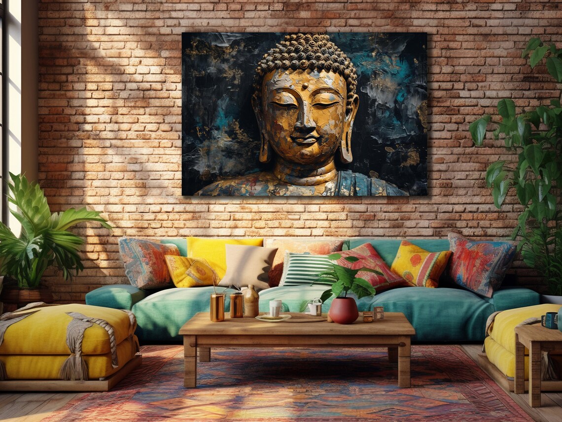 Golden Buddha Face Blue Gold Abstract Spiritual Painting Wall Art Poster - Image 2