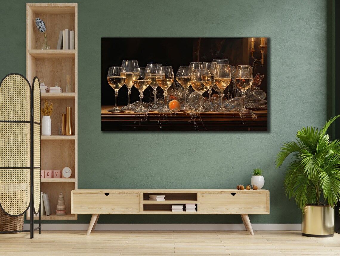 White Wine Glasses On Dark Bar Photorealistic Still Life Painting Poster - Image 2