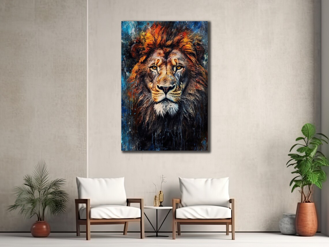 Majestic Lion Face Front Colorful Painted Wildlife Portrait Poster - Image 2