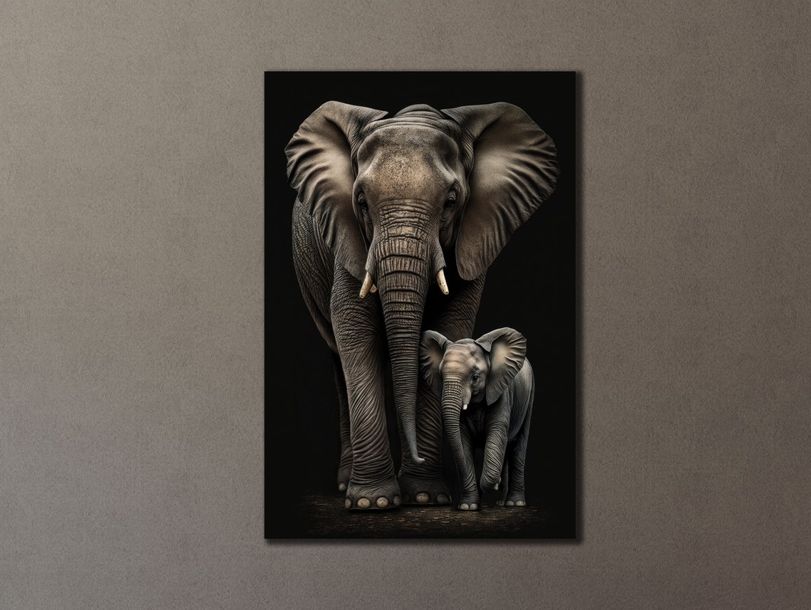 Mother Elephant And Calf On Black Photorealistic Wildlife Art Print - Image 3