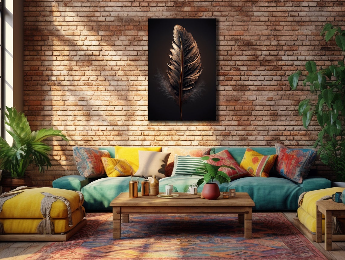 Single Brown Feather Glowing on Black Background Minimal Art Poster