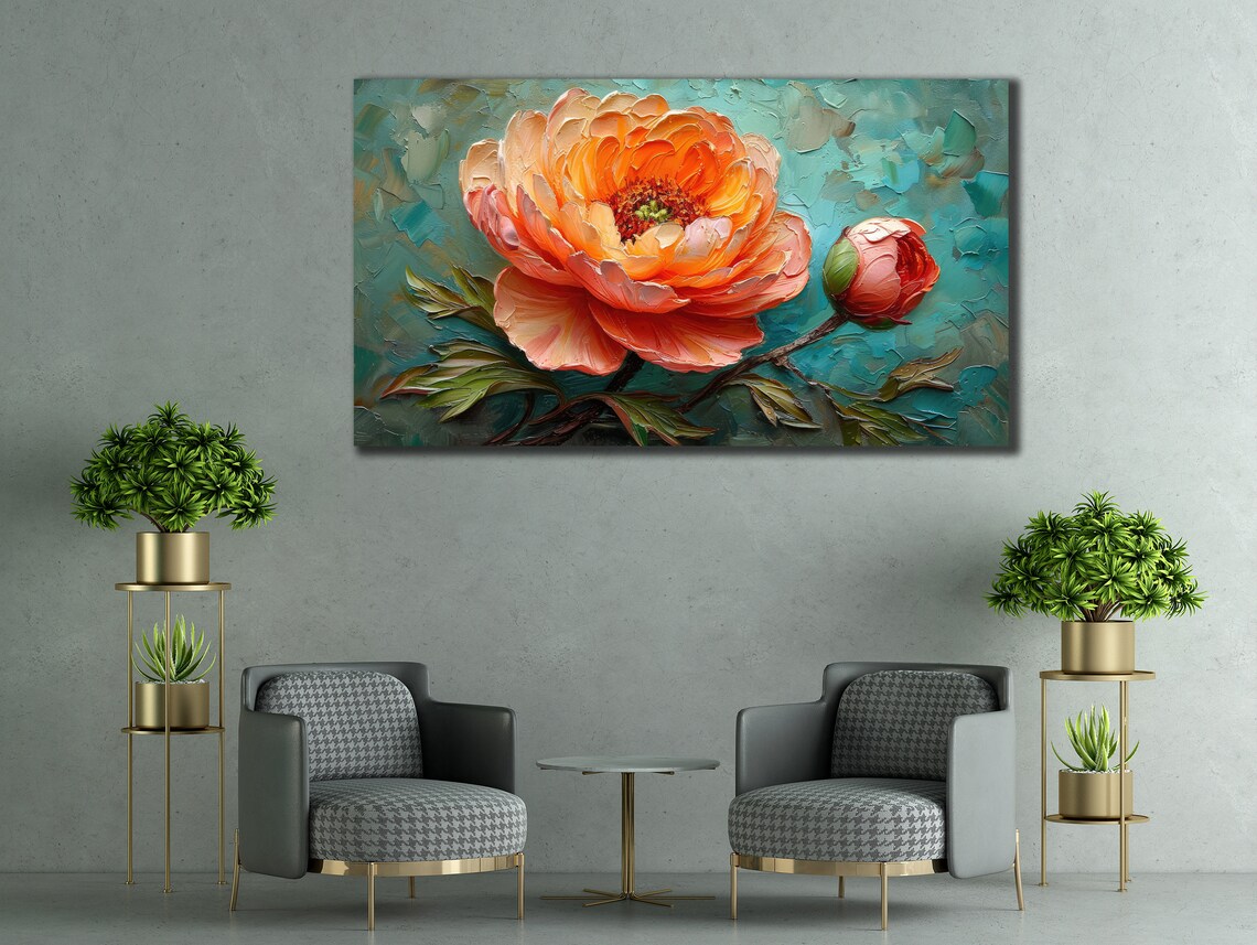 Orange Peony Blossom Impasto Oil Painting Floral Wall Art Poster - Image 2