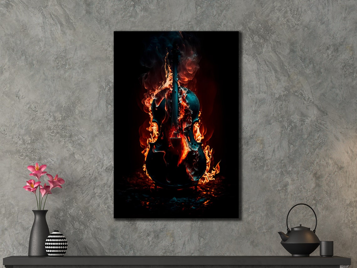 Burning Cello String Instrument Flames Teal Orange Wall Art Poster - Image 2